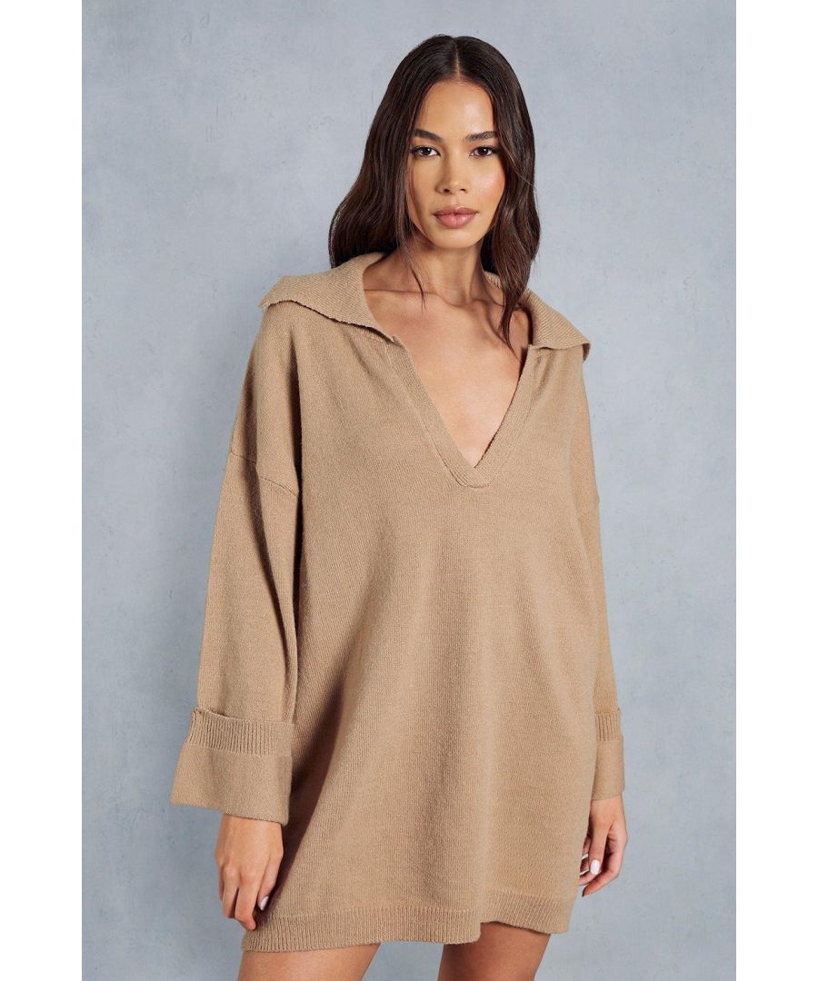 MissPap Womens Oversized Collar Detail Jumper Dress - Camel - Size Small/Medium
