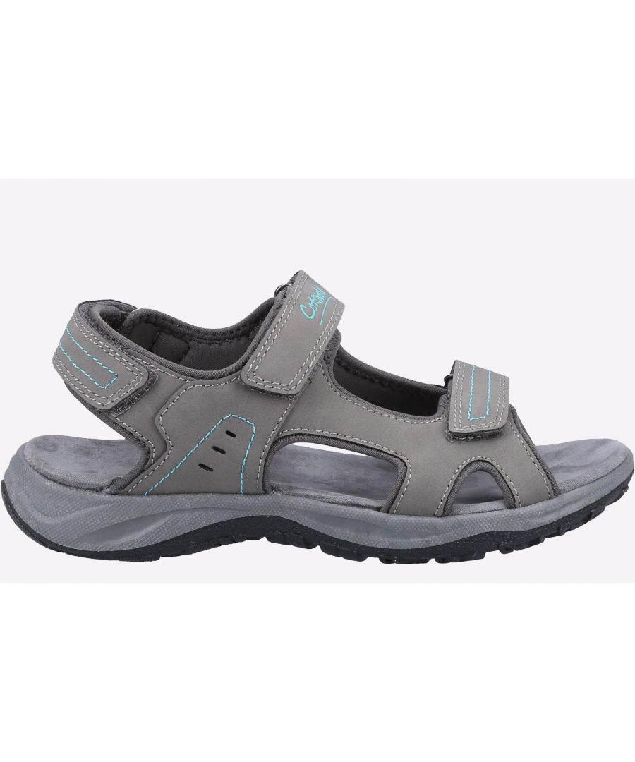 Women's summer walking leisure sandal from Cotswold Freshford is crafted with lightweight recycled uppers, double touch fastening straps. Lightweight recycled EVA footbed and sole.\n- Double Touch Fastening straps\n- Summer walking leisure sandal\n- Lightweight 85% recycled PU upper\n- Lightweight recycled EVA footbed and sole