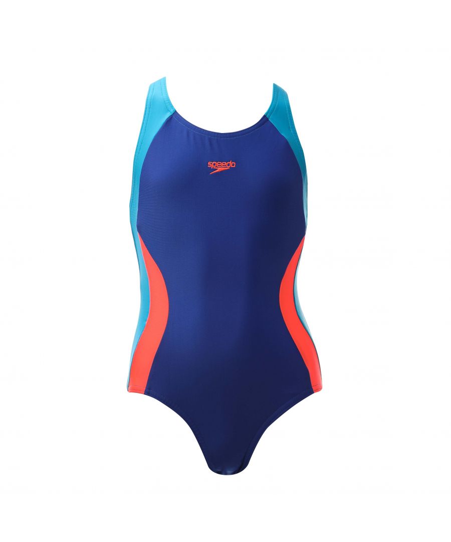 Girls Speedo  Colourblock Spiritback Swimsuit in blue red.- Spiritback - Shoulder straps positions to aid total flexibitly  with modest back opening.- Higher chlorine resistance than standard swimwear fabrics - fits like new for longer with CREORA® HighClo™.- High colour performance - enabling the use of fluo and bright colours.- Full Front & Back Lined - provides added comfort and modesty on bright colours.- Body: 82% Polyester  18% Elastane. Lining: 100% Polyester.- 813459H077Please note that returns will only be accepted if the hygiene label is still attached to the product.