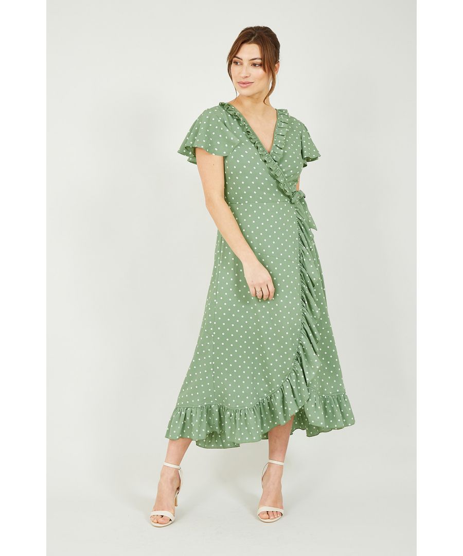Yumi Sage Green Leopard Jacquard Wrap Dress