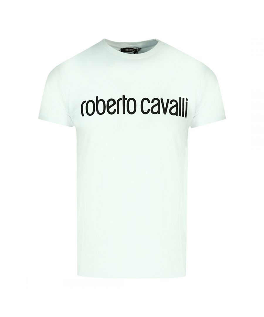 Roberto Cavalli Logo Print White T-Shirt. Roberto Cavalli White Tee. 100% Cotton. Branded Logo. Crew Neck. Style: IST61H JD060 MT032
