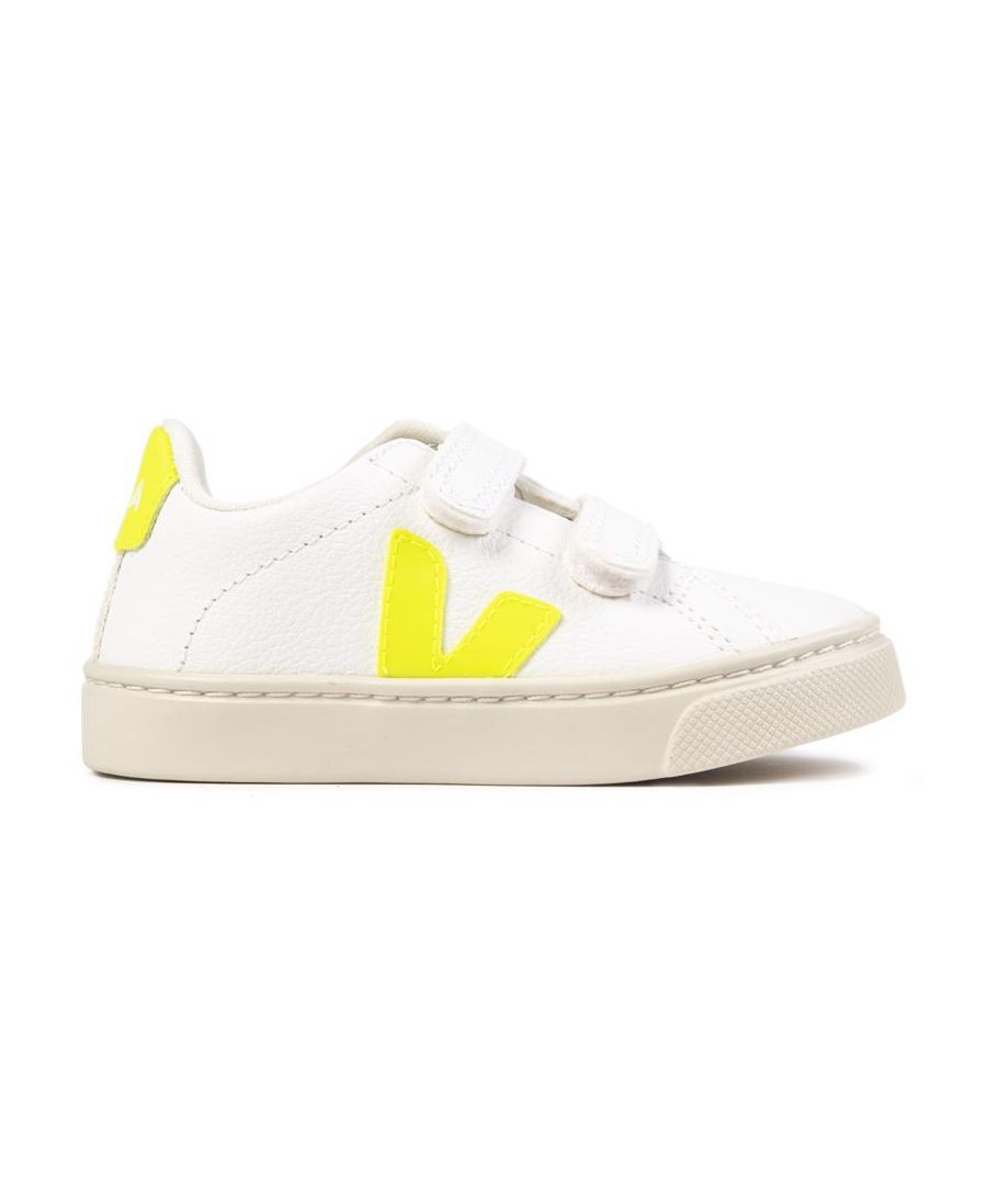 The Classic Veja Esplar Leather Trainers, But For Infants  In White With Double Hook-and-loop Fastener Strap, Yellow Side V Logo And Black Branding On Heel. With A Padded Textile Lining And Rubber Sole This Is A Comfy, Durable Sneaker For Tiny Feet.