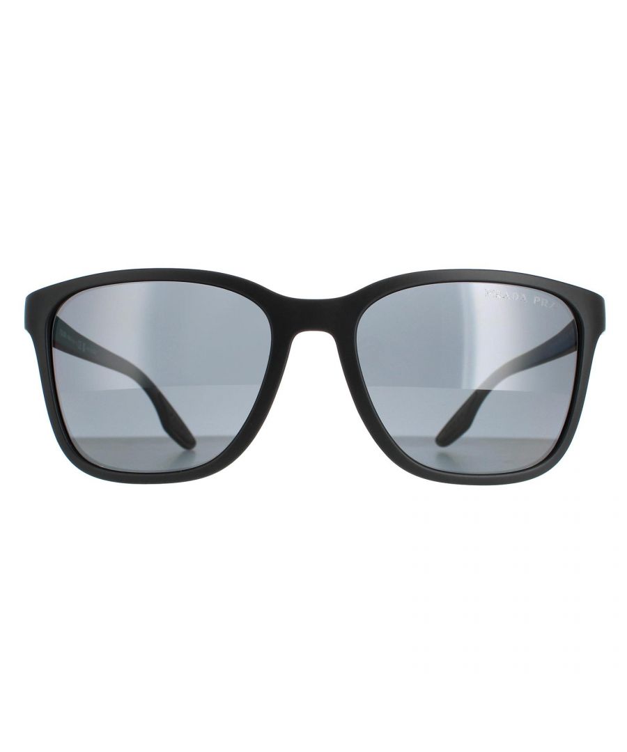 Prada Sport Rectangle Mens Black Rubber Dark Grey Polarized PS02WS Sunglasses are a modern rectangle style crafted from lightweight acetate. The distinctive Prada Linea Rossa red stripe on the arm ensures brand authenticity.