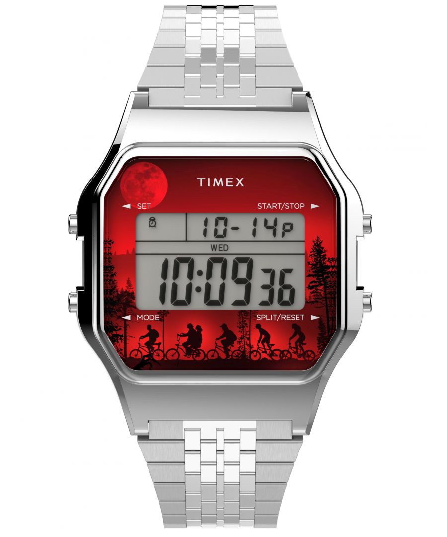 This Timex Stranger Things Digital Watch for Men is the perfect timepiece to wear or to gift. It's Silver  Square case combined with the comfortable Silver Stainless steel watch band will ensure you enjoy this stunning timepiece without any compromise. Operated by a high quality Quartz movement and water resistant to 3 bars, your watch will keep ticking. This sporty and trendy watch is a perfect gift for New Year, birthday,valentine's day and so on  -The watch has a calendar function: Day-Date, Stop Watch, Alarm, Indiglo Light High quality 21 cm length and 17 mm width Silver Stainless steel strap with a Fold over clasp Case Measurement: 38x38 mm,case thickness: 10 mm, case colour: Silver and dial colour: Red