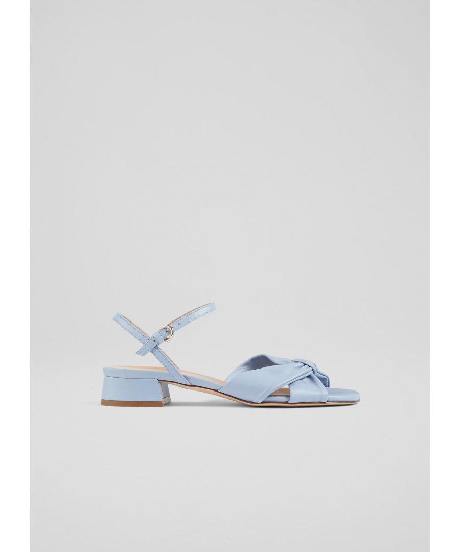 A stylish everyday summer sandal, our Lina sandals are a brand-new style for us this season. Crafted in Italy from super-soft iris blue nappa leather, they are knotted over the toes, have buckled ankle straps and a low, 25mm square heel. Wear them as an alternative to a flat sandal or for summer occasions where you'll be on your feet all day.