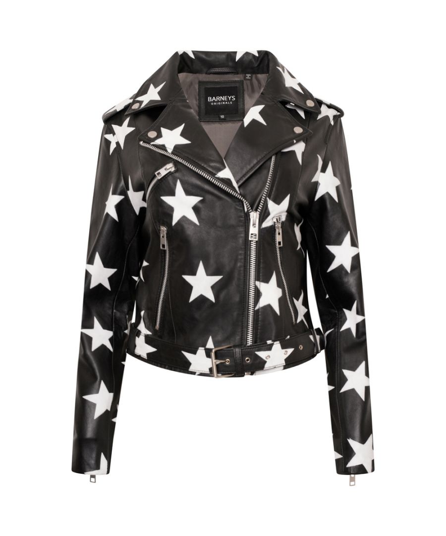 Turn heads with this gorgeous star print leather jacket from BARNEYS ORIGINALS. Made from buttery soft Sheep Nappa leather, this fun and playful jacket is comfortable from the very first wear and doesn't require time to 'wear in'. Whether you're heading to the office or painting the town red, this ever versatile number is sure to become your new best friend and go-to style staple. Complete with durable silver trimmings and a practical waist-belt, this design oozes style and class.