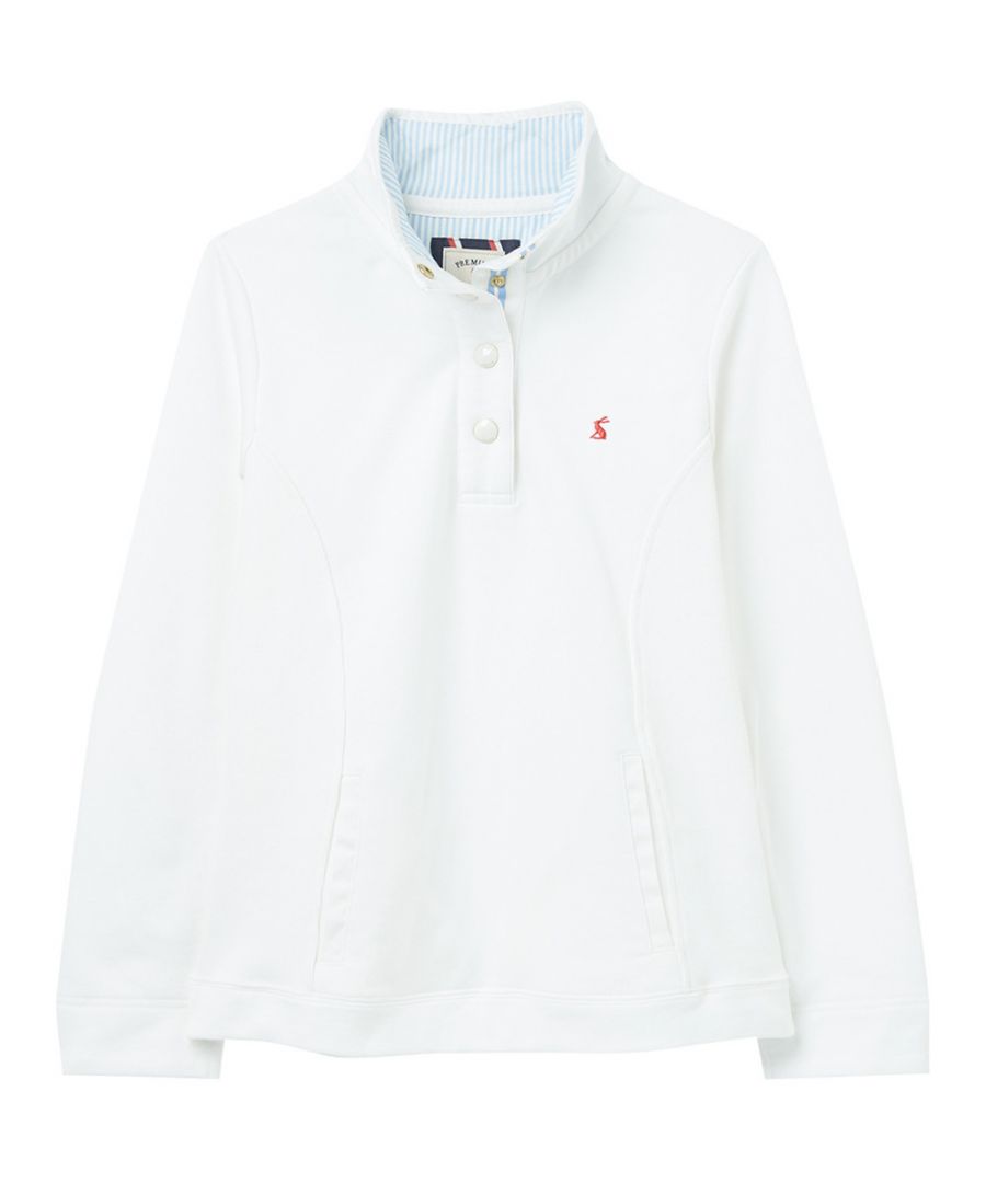 Classic funnel neck sweatshirt. Button up high neck. Handwarmer pockets. 100% Cotton.