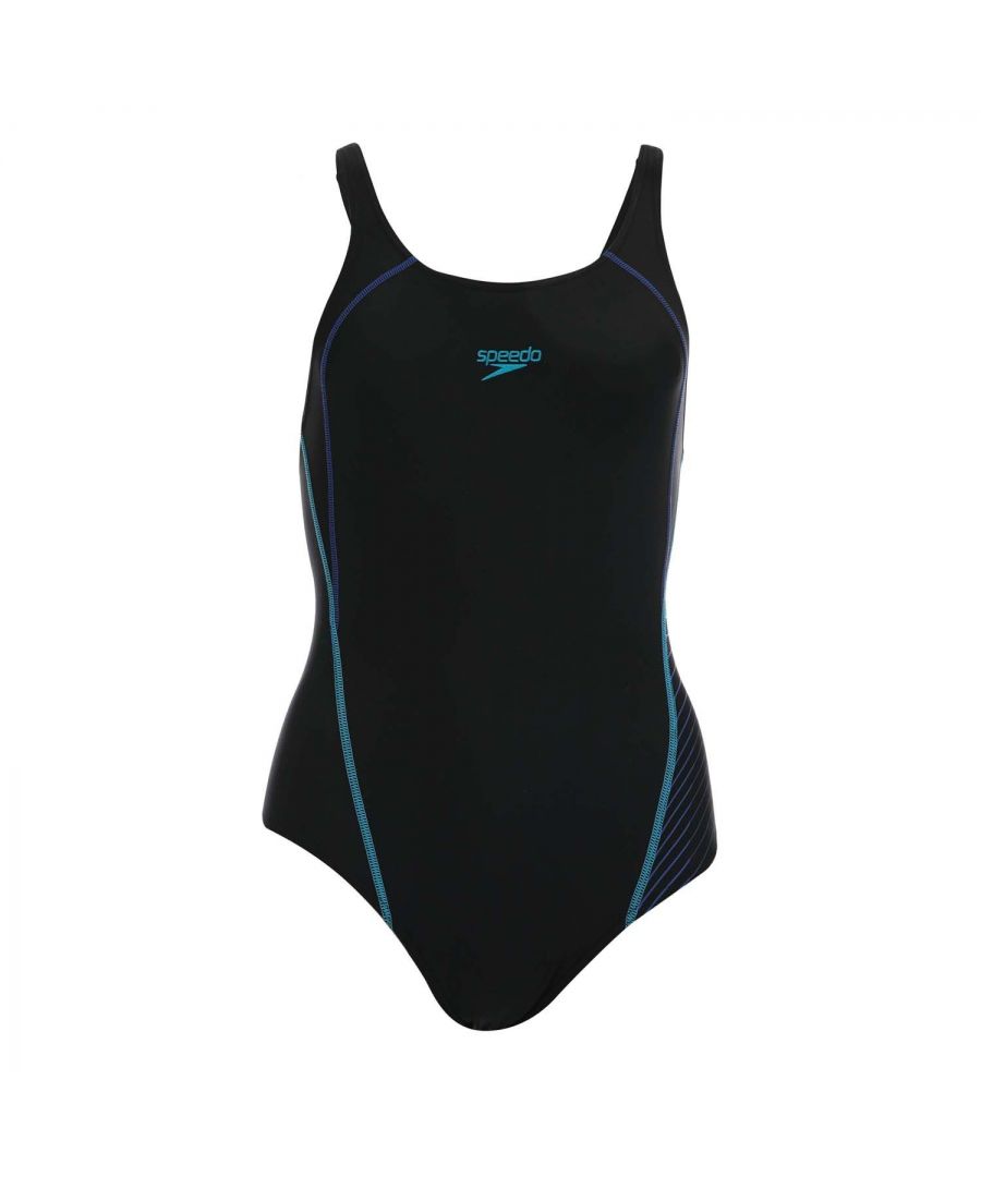 Womens Speedo Graphic Panel Muscleback Swimsuit in black blue.- Muscle back.- Endurance+ fabric.- Chlorine Resistant.- UPF50+ Sun protection.- Lightweight and breathable.- Durable and quick drying.- Speedo logo to chest.- Body: 80% Nylon  20% Elastane. Lining: 100% Polyester.- Ref: 809306G471Please note that returns will only be accepted if the hygiene label is still attached to the product.