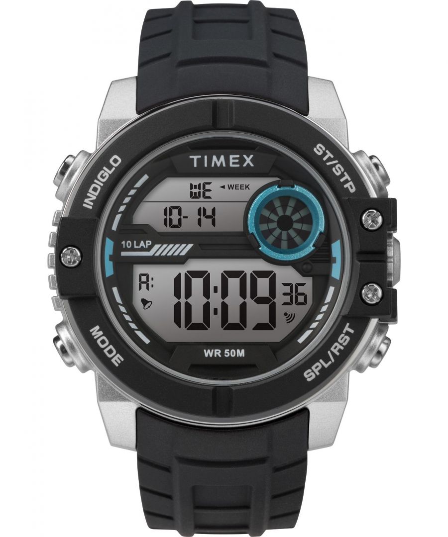 This Timex Sphere Digital Watch for Men is the perfect timepiece to wear or to gift. It's Silver 45 mm Round case combined with the comfortable Black Rubber watch band will ensure you enjoy this stunning timepiece without any compromise. Operated by a high quality Quartz movement and water resistant to 5 bars, your watch will keep ticking. This sporty and trendy watch is a perfect gift for New Year, birthday,valentine's day and so on  -The watch has a calendar function: Day-Date, Stop Watch, Lap Timer, Alarm, Indiglo Light High quality 21 cm length and 23 mm width Black Rubber strap with a Buckle Case diameter: 45 mm,case thickness: 16 mm, case colour: Silver and dial colour: Black