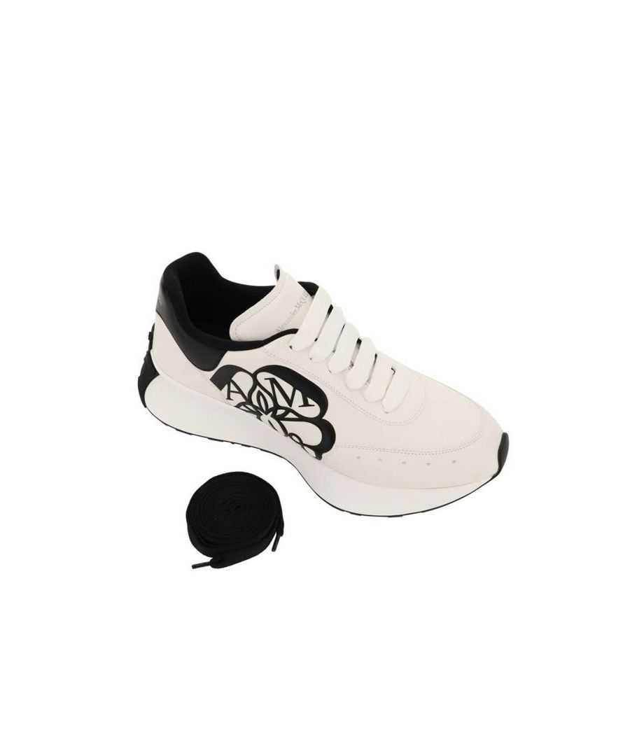 Sprint Runner sneakers by Alexander McQueen crafted in nappa leather with contrasting print of the iconic seal on the side. Contrasting heel tab and silver-tone lettering logo print on the tongue and on the back. Lace-up closure, fabric lining, removable leather insole, rubber sole with contrasting tread. Spare laces included. 