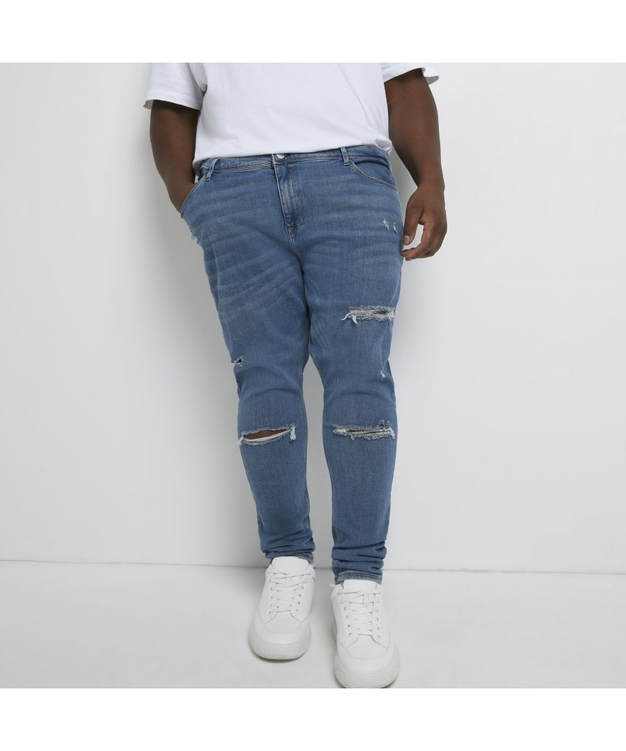 > Brand: River Island > Department: Men > Material Composition: 92% Cotton 6% Polyester 2% Elastane > Material: Cotton > Type: Jeans > Style: Skinny > Size Type: Big & Tall > Fit: Extra-Slim > Pattern: No Pattern > Occasion: Casual > Season: SS22 > Pocket Design: 5-Pocket Design > Closure: Button > Distressed: Yes > Brace Buttons/Belt Loops: Belt Loops