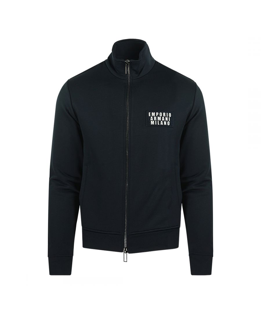 Emporio Armani Patch Logo Zip Up Black Jumper. Emporio Armani Navy Jumper. 60% Polyester 40% Cotton. Logo On Chest. Elasticated Neck, Sleeve Ends and Bottom. Style: 6H1ME5 1JQLZ 0920