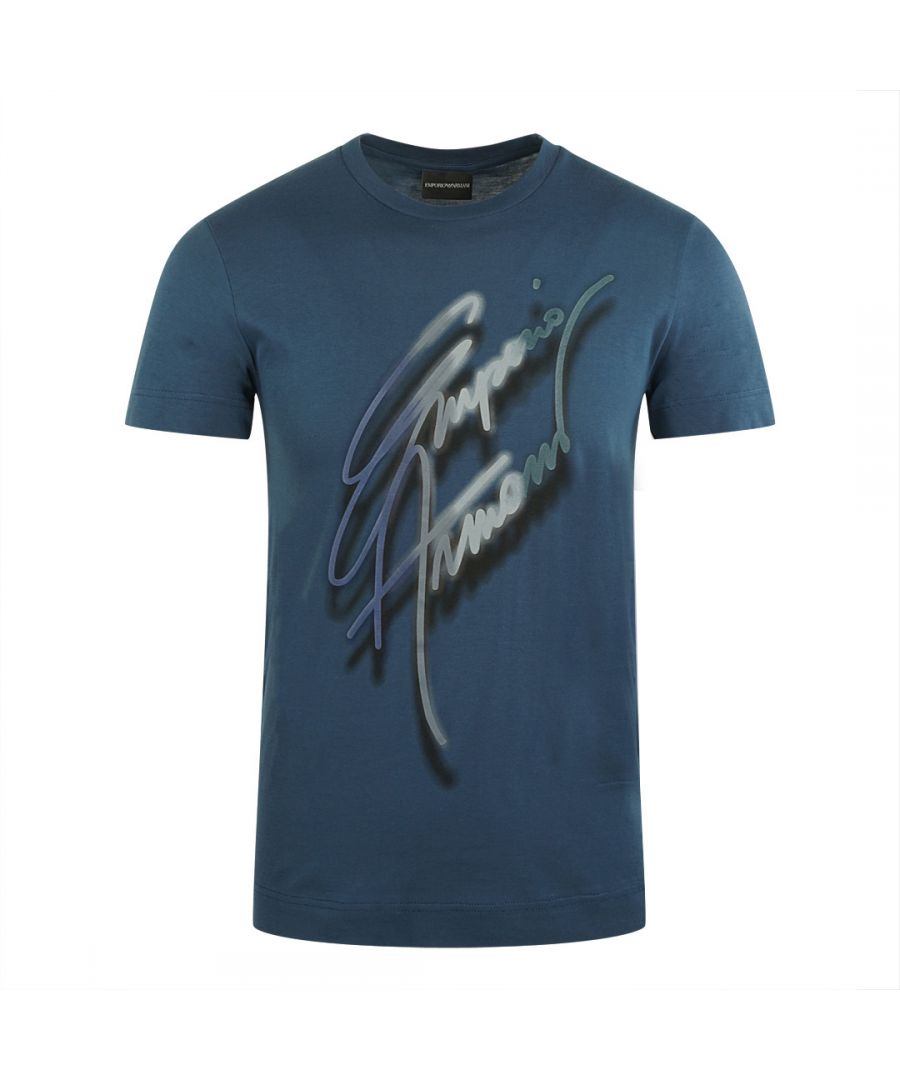 Emporio Armani Signature Logo Blue T-Shirt. Emporio Armani Short Sleeved Blue T-Shirt. Logo Design On Front Of Tee. 100% Cotton. Emporio Armani Visible Branding. Style: 6H1TL5 1JSHZ 0759
