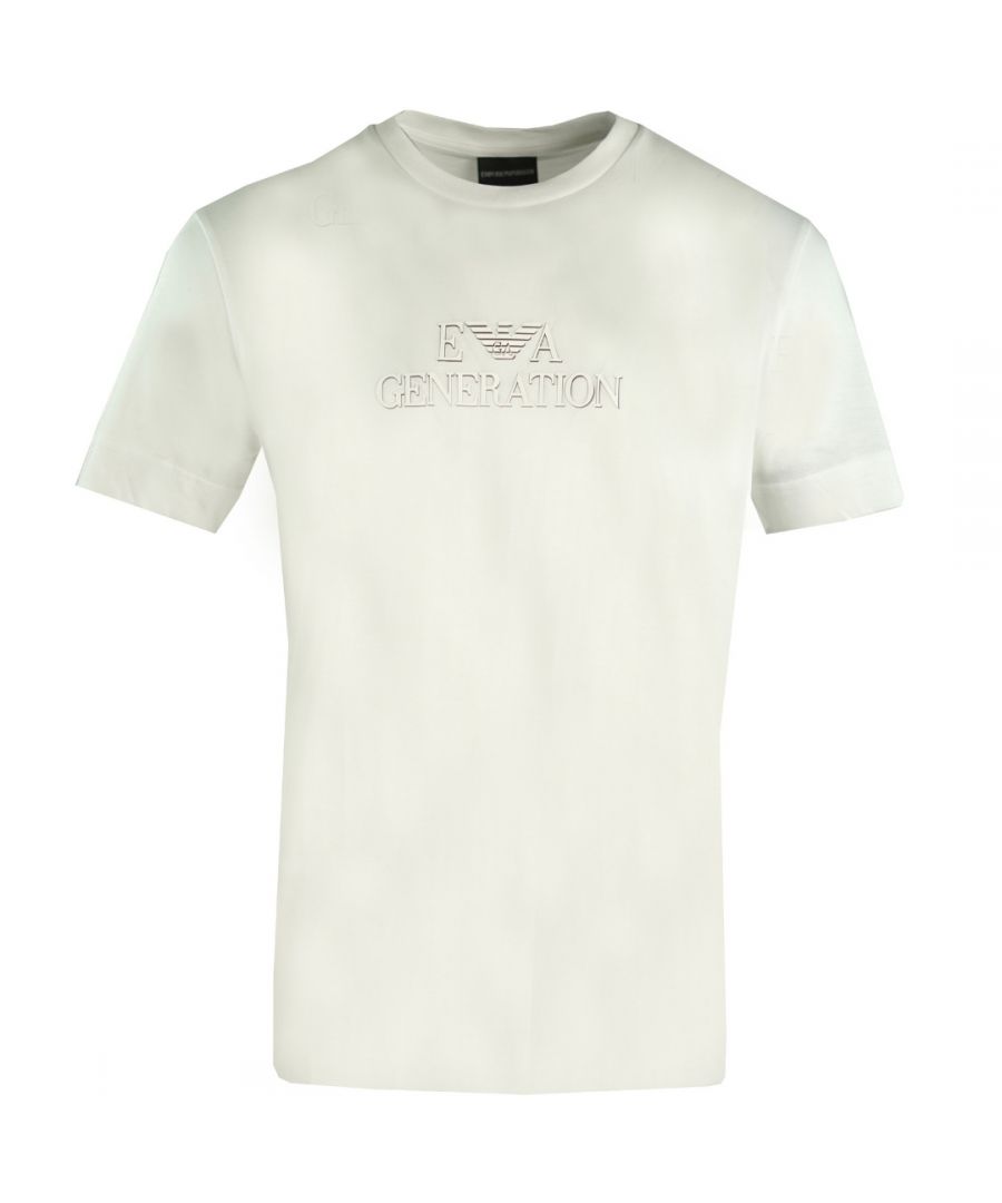 Emporio Armani wit T-shirt met EA Generation-logo. Emporio Armani wit T-shirt met korte mouwen. Logo op de voorkant van het T-shirt. 100% katoen. Zichtbare Emporio Armani-logo's. Stijl: 6H1TM3 1JSHZ 0101