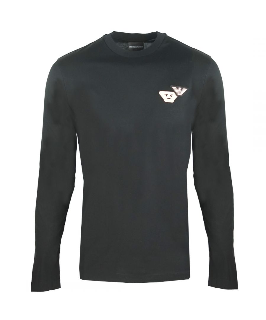 Emporio Armani Emoji-logo zwart T-shirt met lange mouwen. Emporio Armani zwart T-shirt met lange mouwen. Logo-ontwerp op de voorkant van het T-stuk. 100% katoen. Emporio Armani zichtbare branding. Stijl: 6H1TP9 1JTUZ 0999