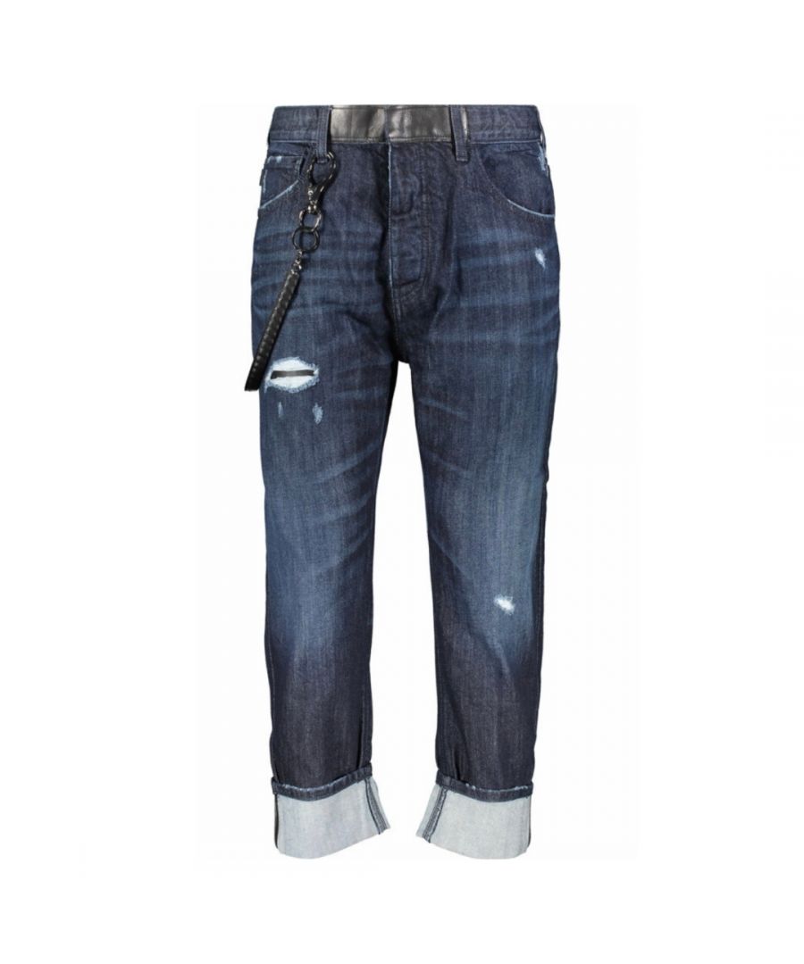 Armani Jeans Comfort Fit Dark Blue Jeans. Armani Jeans 6Y6J09 6D3KZ 1500. 100% Cotton Denim. Comfort Fit, Straight Leg. Button Fly, Clasp Closure, Leather Detailing. Armani Key Chain Detail