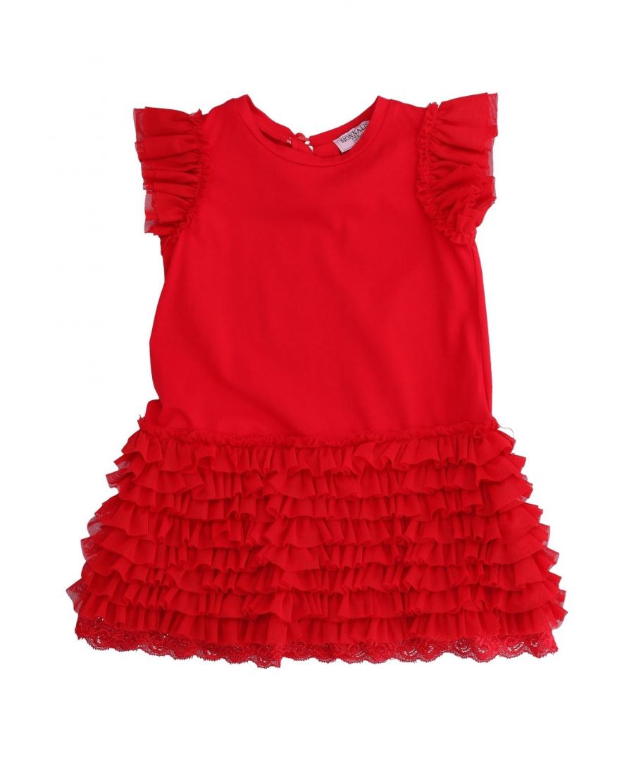 tulle, jersey, frills, basic solid colour, round collar, short sleeves, 1 button, rear closure, unlined, wash at 30° c, do not dry clean, iron at 110° c max, do not bleach, do not tumble dry, stretch