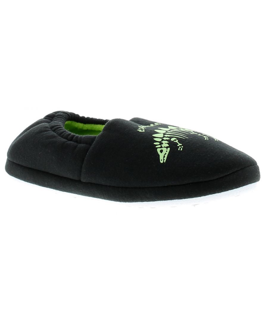 Wynsors Dinosaur Younger Boys Full Slippers Black. Fabric Upper. Fabric Lining. Fabric Sole. Boys Plush Comfort Slip On Glow In The Dark  Slipper. This Style Uses Dual Sizing: S=9X10 M=11X12  L=13X1  Xl=2X3.