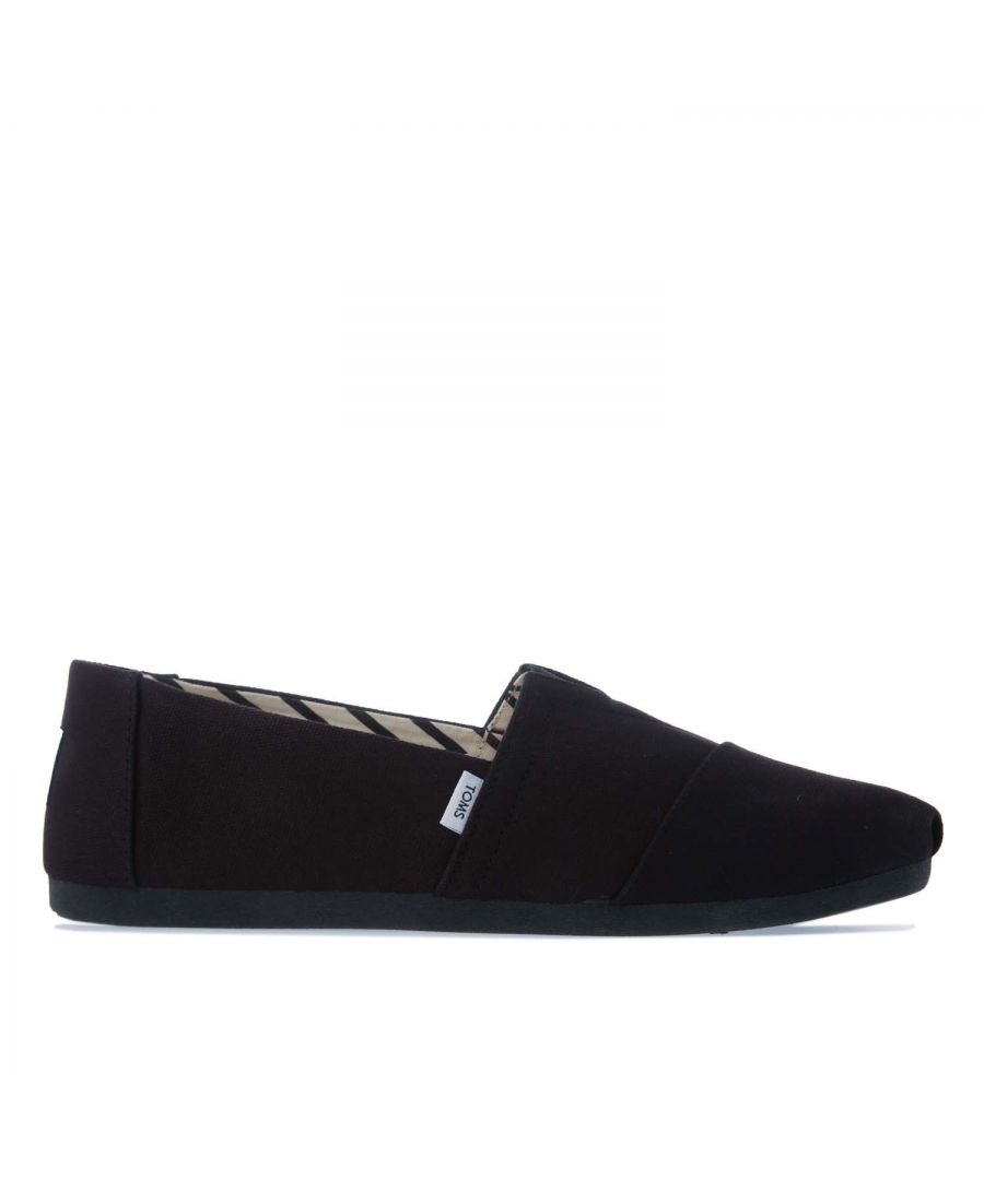 Mens Toms Recycled Cotton Alpargata Espadrille Pumps in black.- Recycled cotton upper  lining and sock-liner made with 50% recycled cotton.- Toe-stitch and elastic V for easy on and off.- Classic Alpargata design.- Chevron patterned canvas lining.- Custom insoles made with 50% eco content including recycled PU foam.- Durable  flexible outsole bound directly to the upper via Direct Injected TPR construction for a seamless fit.- Toms branding to side and back of heel.- 100% vegan construction.- Textile Upper  Textile Lining  Textile and Synthetic Sole.- Ref.: 10017670