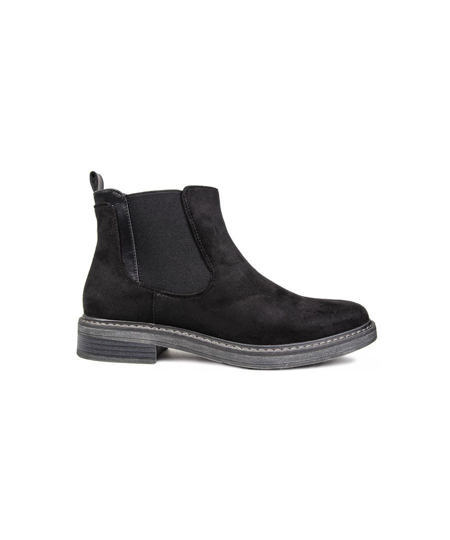 Black Sole Sister Britta Pull-on Chelsea Boots With Soft Synthetic Suede Effect Upper Featuring Double Elasticated Gussets And Heel Pull Tab Panel. These Classic Monochrome Ankle Boots Have A Textile And Synthetic Sock And Lining, And A 2cm Synthetic Sole.