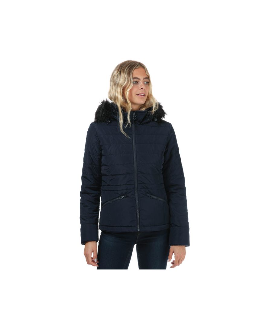 Womens Regatta Westlynn Insulated Quilted Hooded Jacket in navy.- Grown on hood with adjuster and removable faux fur trim.- Sleek metal zip fastenings.- Inner stand collar with luxury faux fur trim.- Turn up cuffs with luxury fur trim.- 2 zipped lower warm lined pockets.- Thermo-Guard insulation.- Main Fabric: 100% Polyester. Hood Trim: 79% Acrylic  21% Polyester. Lining: 100% Polyester. Padding: 100% Polyester. Machine washable. - Ref: RWN158540