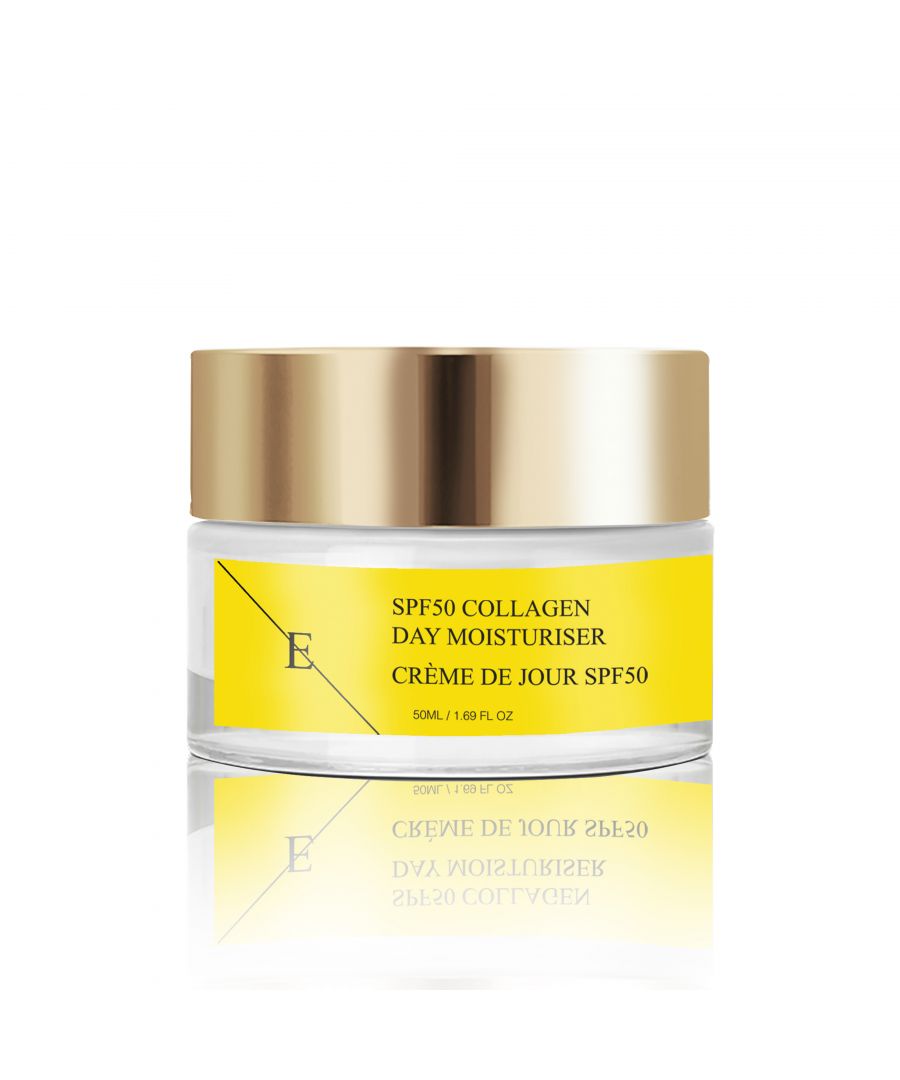 SPF50 COLLAGEN DAY CREAM 50ML\n- SPF50 protection from the sun - Supercharged with moisture binding Hydrolysed Collagen - Light weight creamy formula - Luxury vanilla scent. Enriched with Aloe Vera Juice, Sweet Almond oil and Avocado oil.