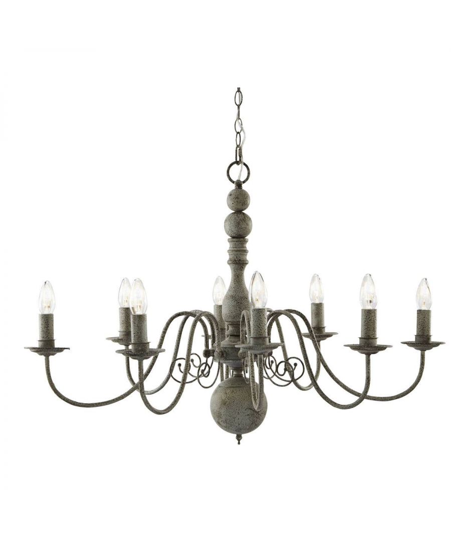 With its textured grey steel finish, this collection offers a unique feel to add to any room. The design is a classic candelabra style which lends a soft ambiance to its surroundings. Available in more than one style to offer the best fitting for your room, and to create a lighting theme. The range is sure to add class and style to any setting. This eight light ceiling fitting is also available in a five light version and a matching wall light . | Finish: Grey | IP Rating: IP20 | Height (cm): 150 | Diameter (cm): 73 | No. of Lights: 8 | Lamp Type: E14 | Dimmable: Yes | Wattage (max): 40 | Weight (kg): 3.9 | Class: 2 (Double Insulated) | Bulb Included: No