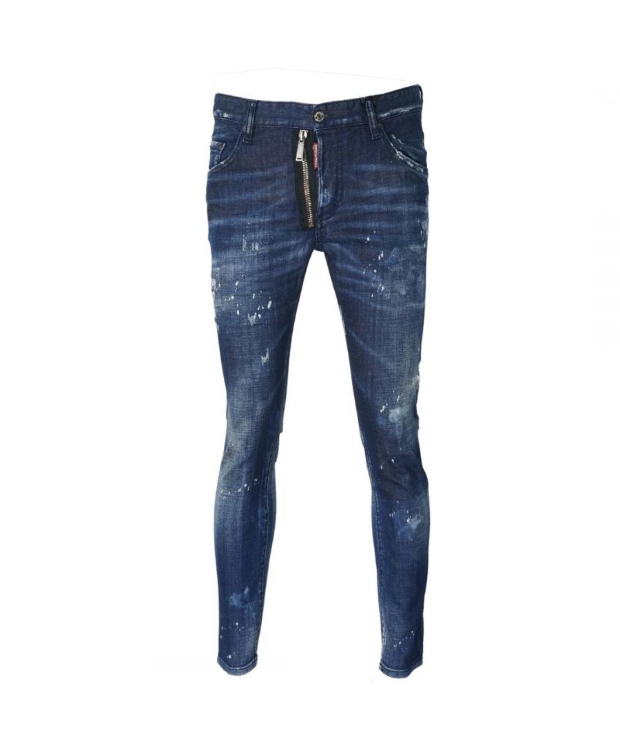 Dsquared2 Skater Jean Zip Paint Splash Jeans. DSquared2 Skater Jean S74LB0939 S30342 470. Stretch Denim 98% Cotton 2% Elastane. Button Fly, Additional Zip Next To Fly, Made In Italy. Slim Fit With A Tapered Leg. Reinforced Destroyed Denim, Paint Splash Effect, Large Branded Badge