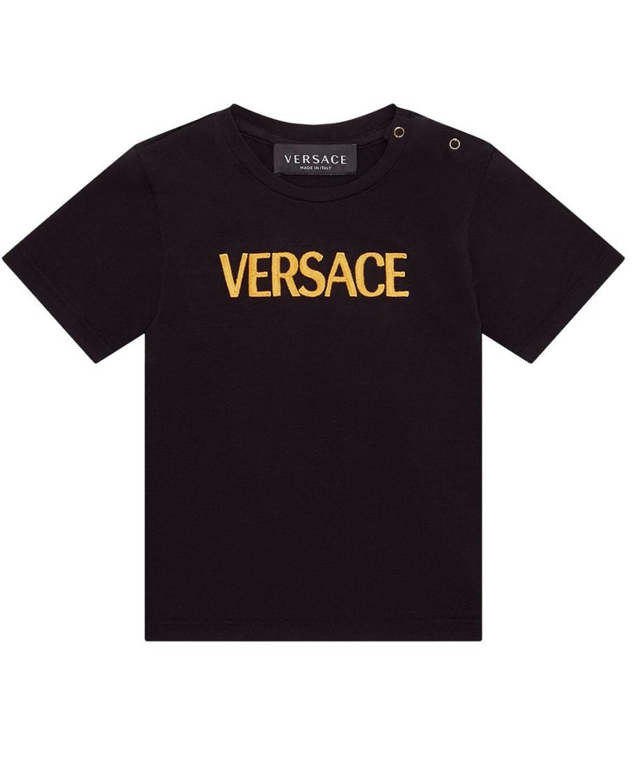 This Versace Baby Boys T-Shirt is crafted from a plush cotton jersey and consists of the brand's logo embroidered across the chest.\n\nEmbroidered logo\nCrew neck\nShort sleeves\nSnap button closure\nOuter fabric: 94% Cotton, 6% Elastane