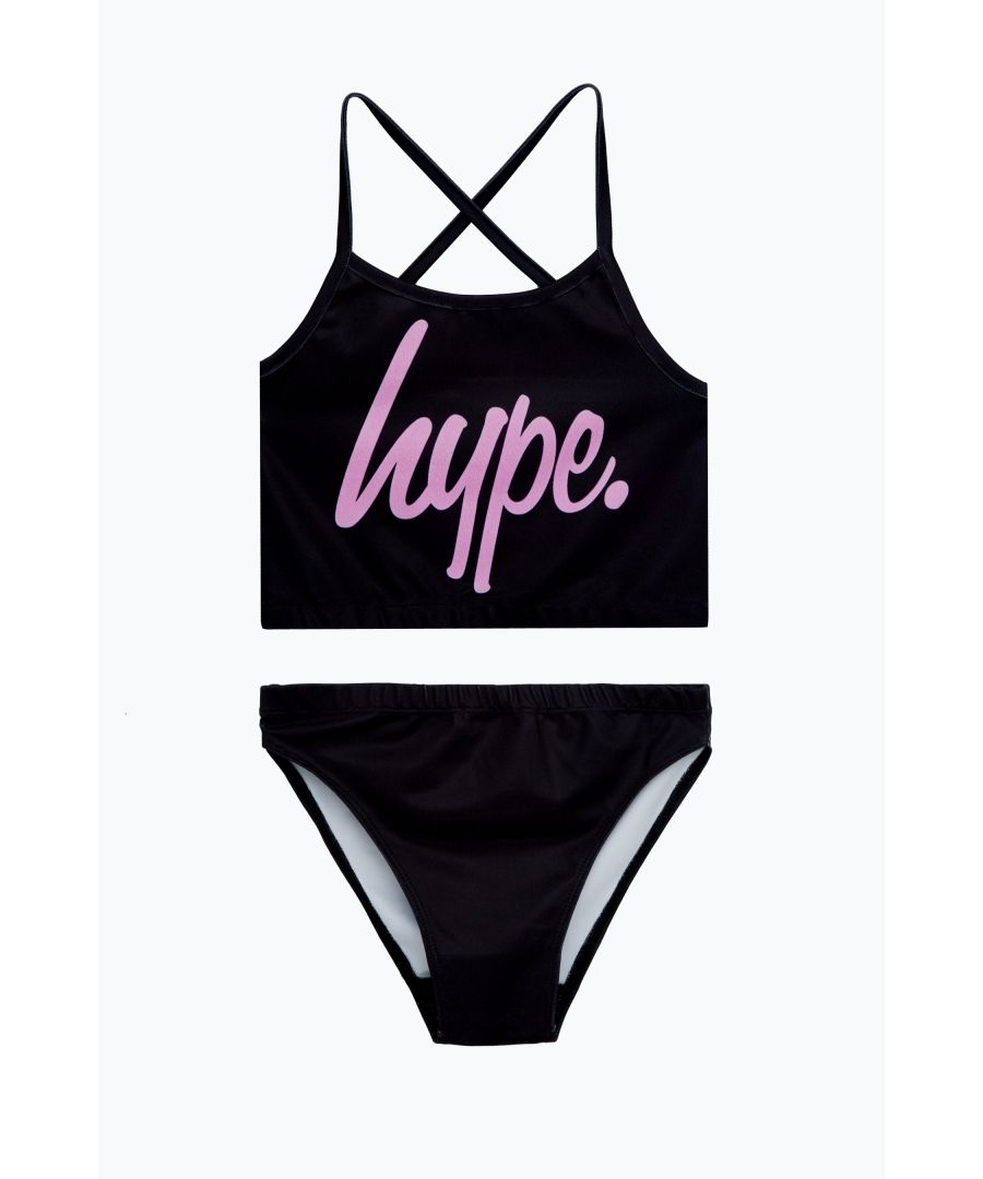 Swim is in. Meet the ultimate girls swimwear you'll want to wear everyday of summer, the HYPE. Black Script Bikini. Consisting of a thin strap bikini top and brief bottoms, the design features the iconic HYPE. script logo in a contrasting pink against a black base colour. Wear with the matching sliders, pair of sunnies and you're ready for the pool. Machine wash at 30 degrees.