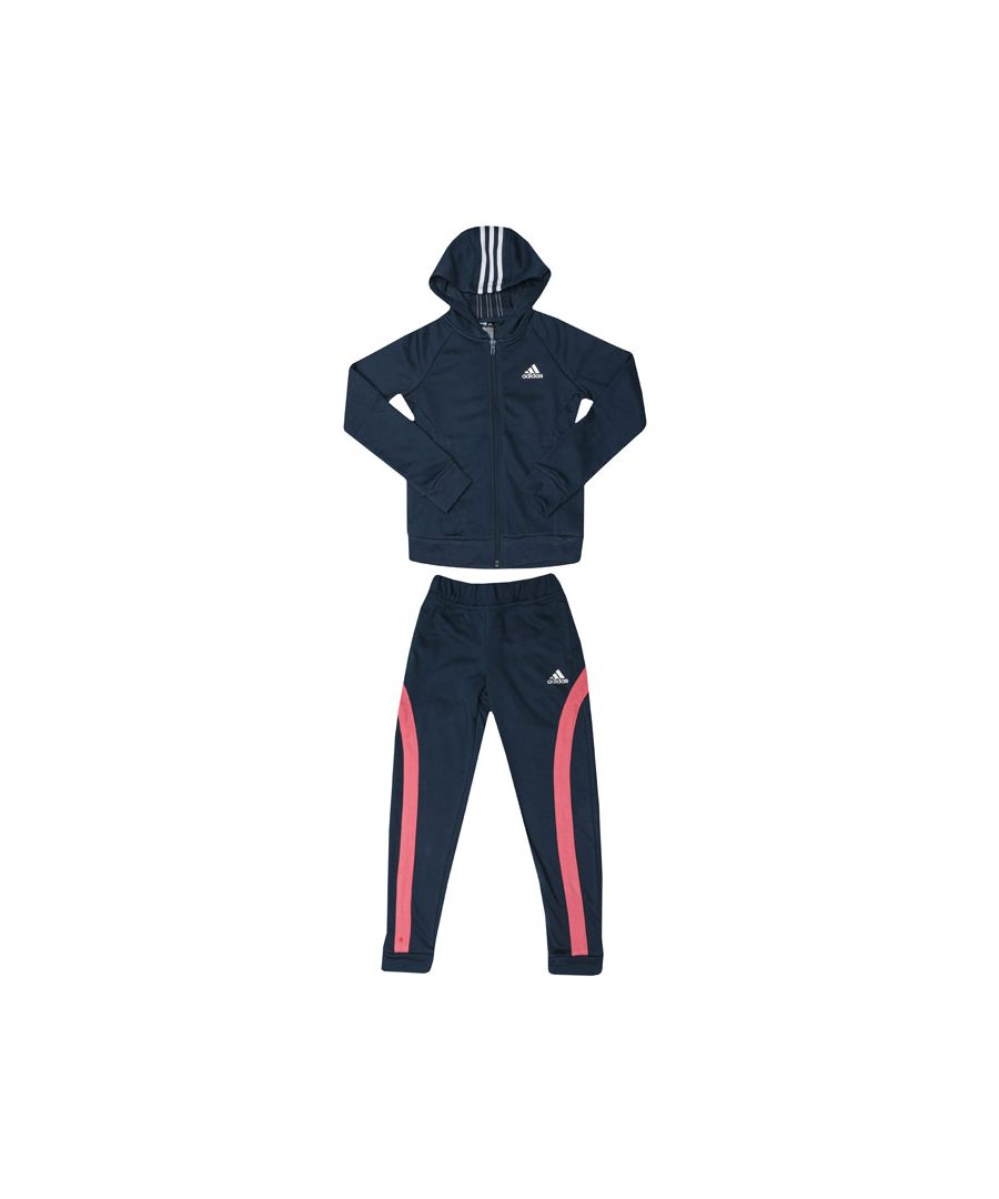 Junior Girls adidas Bold Hooded Tracksuit in navy- white.Hoodie:- Lined hood.- Full zip fastening.- Two side pockets.- Long sleeves with ribbed cuffs.- Ribbed hem.- adidas logo at left chest.- Regular fit.- Main material: 70% Cotton  30% Polyester (Recycled). Rib Part: 60% Cotton  35% Polyester (Recycled)  5% Elastane.  Machine washable. Pants: - Elasticated waist with inner drawcord.- Side pockets.- Ribbed cuffs.- adidas logo at left thigh.- Regular fit.- Main material: 70% Cotton  30% Polyester (Recycled). Machine washable. - Ref: GM8930J