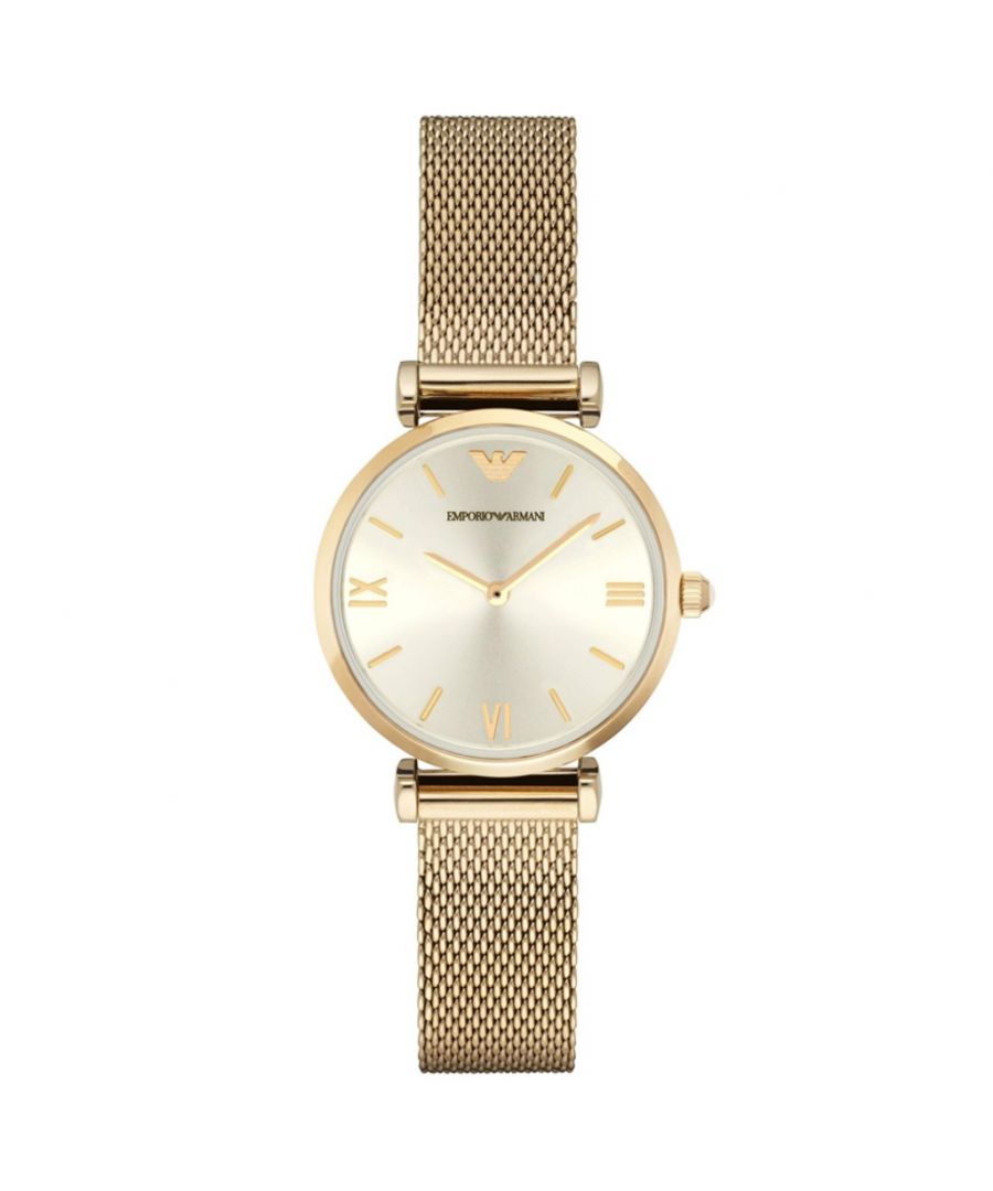 The Ladies Gold Slim Mesh Designer Emporio Armani Watch AR1957 is a fantastic ladies watch. This watch has a 32mm gold stainless steel case with an analogue display. The watch has a gold dial with a gold stainless steel mesh strap and is powered by quartz movement. EAN 4053858628403