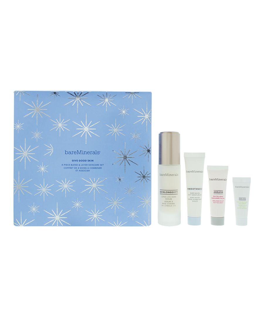 Experience true beauty with this 4piece introductory collection from Bare Minerals. Give Good Skin Gift Set includes Skinlongevity Serum 30ml, Soft Moisturiser 15ml,  Phyto-Retinol Eye Cream 5g and Phyto-AHA Radiance Facial 10ml. A perfect quad for building skin confidence.  Get ready for your most natural looking flawless finish.