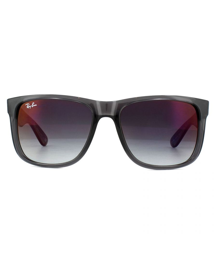 Ray-Ban Sunglasses Justin 4165 606/U0 Transparent Grey Grey Gradient Mirror Red 55mm are inspired by the Original Wayfarer 2140 and are one of the coolest designs throughout the entire Ray-Ban collection. Justin is a bold style that features large, boxy lenses that suit most face shapes and they share the same winged temples as the classic 2140. The propionate plastic frame is super lightweight for comfort and theyâ€™re available in bright, fresh colours as well as the traditional choices. The Ray-Ban Justin is part of the Highstreet collection and are therefore a more affordable choice.