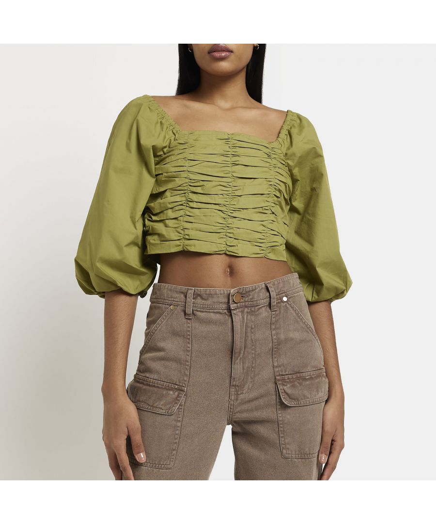 > Brand: River Island> Department: Women> Colour: Khaki> Type: T-Shirt> Material Composition: 100% Cotton> Material: Cotton> Size Type: Regular> Neckline: Square Neck> Sleeve Length: 3/4 Sleeve> Occasion: Casual> Pattern: No Pattern> Season: SS22