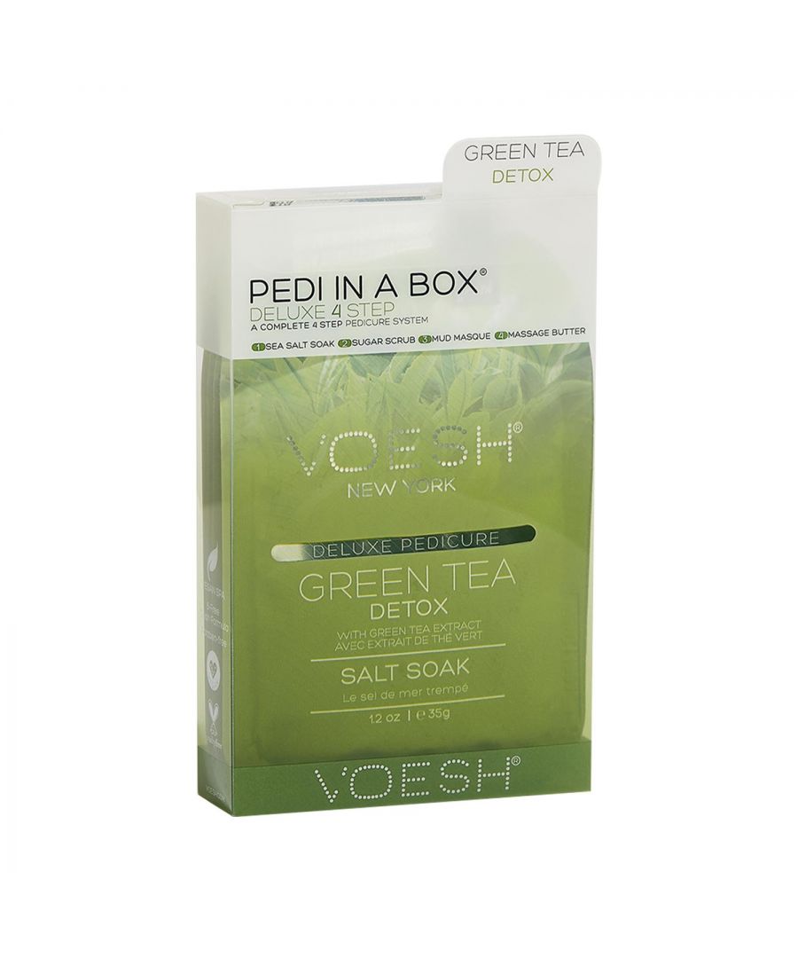 Voesh Green Tea Deluxe 4 Step Pedicure In A Box with Green Tea Extract.  The Cleanest And Most Hygienic Spa Pedicure Solution. Enriched With Key Ingredients To Give Your Feet The Nutrition It Needs. Each Product Is Individually Packed With The Right Amount For A Single Pedicure.\n\nThe Perfect Pedi For:\nDIY At-Home Pedicure\nDate Night\nBachelorette Parties\nGirls’ Night In\n\nThe kit contains:\nSea Salt Soak: This soak helps relieve tension, stiffness, minor aches and discomfort in your feet. It helps detox and deodorize the feet.\nSugar Scrub: The scrub gently exfoliates dead skin cells and helps soften your feet. Perfect for use on the soles on your feet.\nMud Masque: The masque removes deep-seated impurities in your skin leaving your feet feeling clean and revived.\nMassage Cream: The massage cream hydrates and soothes skin. It softens the soles of your feet and helps prevent dryness and roughness.\n\n4 Step Includes\nSea Salt Soak 35g: to detox & deodorize the feet.\nSugar Scrub 35g: to gently exfoliate dead skin.\nMud Masque 35g: to deep cleanse impurities.\nMassage Butter 35g: to hydrate and soothe skin.