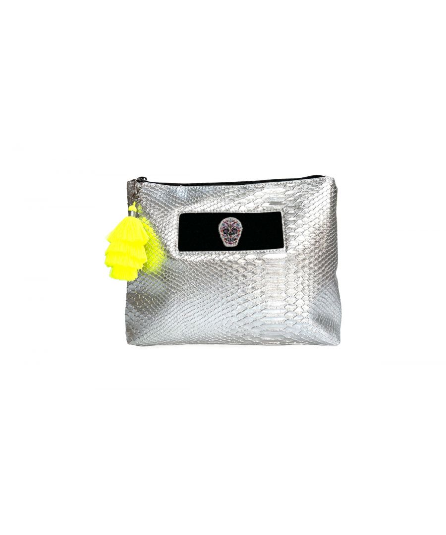 An Apatchy Original, this wash bag or large pouch is perfect for storing all toiletries (as most bottles can stand upright) or great for taking sun creams and accessories to the beach or pool! It features one large internal space with an internal open pocket. Customised with Apatchy's unique patches and includes a tassel. \n\nFully lined and crafted from a water resistant, faux leather silver snakeskin this striking bag can be wiped clean.