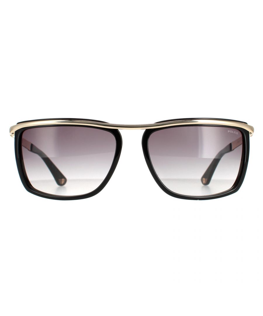 Police Rectangle Mens Black Rose Gold Grey Gradient SPLB45 Origins 39  Police are a rectangle style crafted from lightweight acetate. The gold brow bar ensures a stylish look while Police's emblem features on the slender temples for brand authenticity.