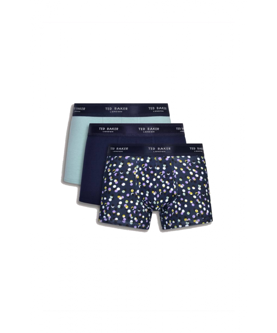 Mens Ted Baker Three Pack Cotton Fashion Trunk in blue navy.- Branded elasticated waistband.- Ted Baker three pack fitted trunks.- Assorted design.- Stretch fabric.- Comes in Ted Baker branded packaging.- 95% Cotton  5% Elastane.- Ref: RTBC102BL1401