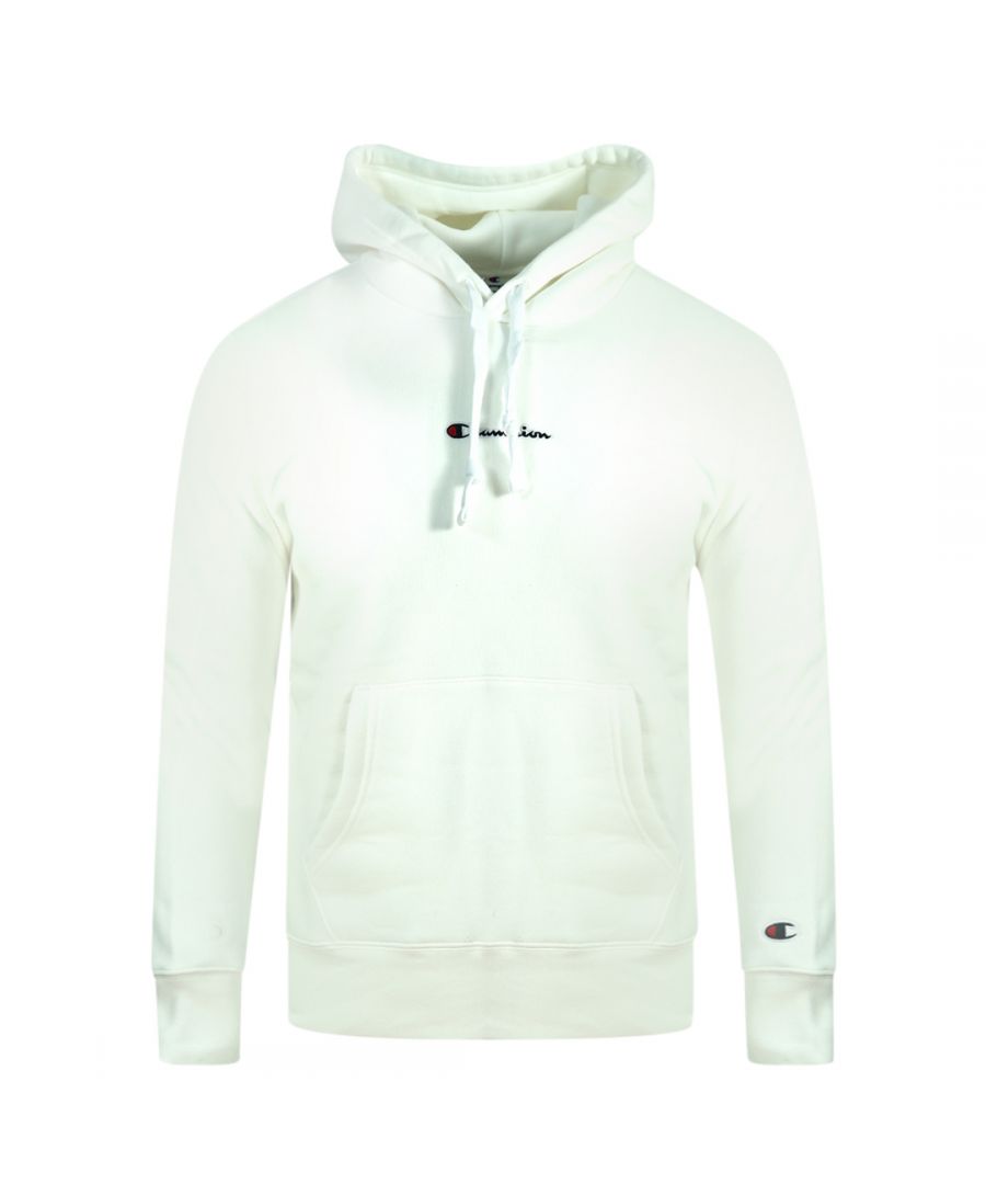 Champion digitale print logo witte hoodie. Kampioen witte hoodie. Elastische mouwuiteinden en taille, capuchon met trekkoord. Voorzakken. 73% katoen 27% polyester. Stijlcode: 216961 WW001