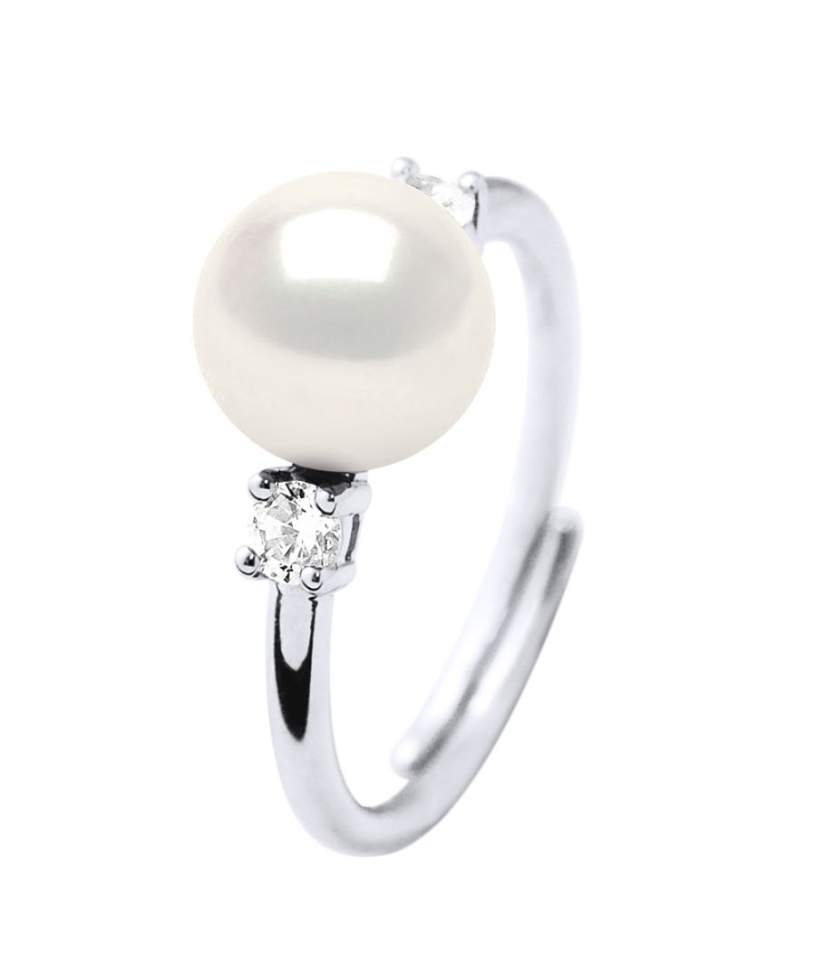 Ring true Cultured Freshwater Pearls 7-8 mm - 0,31 in - Solitaire of zirconium oxide 925 Sterling Silver Rhodium-plated - Natural White Color and Size adjustable - Our jewellery is made in France and will be delivered in a gift box accompanied by a Certificate of Authenticity and International Warranty