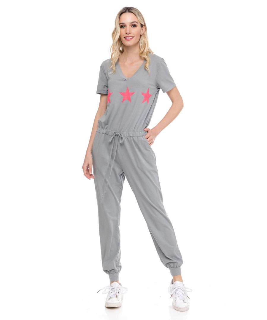 Image for Pink stars V neck jumpsuit with pockets and adjustable waist
