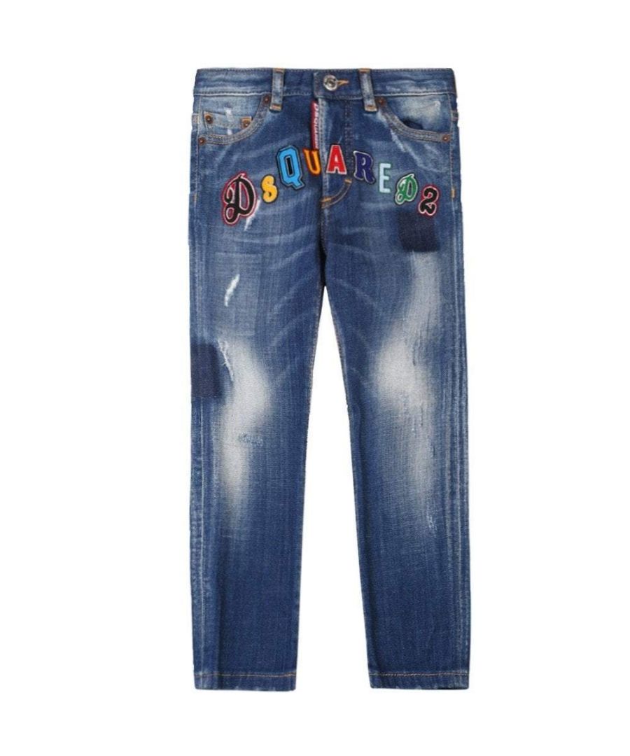 These blue denim jeans from the Dsquared2 Kids collection feature button fastening with branding, belt loops and five pockets with one of those being a coin pocket. These Dsquared2 Kids jeans also feature brown stitching, logo applique and three pockets on the front. Finished with two pockets and a branded tab to the reverse.\n\nThe style of the Canadian twins, who founded the successful label Dsquared2, is known for the unique mixture of provocative street style, Canadian cool and Italian tailoring: 
