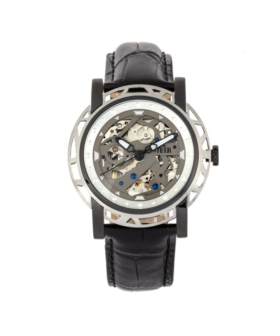 316L Surgical-Quality Stainless Steel Case; Jeweled Automatic Miyota 8N24 Movement; Jewel Bearings: 20 Jewels; 41 Hour Power Reserve; Beats per Hour (BPH): 21600/Hour; Sapphire-Coated Mineral Crystal; Skeleton Dial; Observation Caseback to view Movement; Logo-Engraved Crown; Genuine Leather Crocodile-Embossed Strap; Logo-Engraved Stainless Steel Clasp; Luminous Hands; Luminous Markers; 44mm Diameter; 5 ATM Water Resistance;