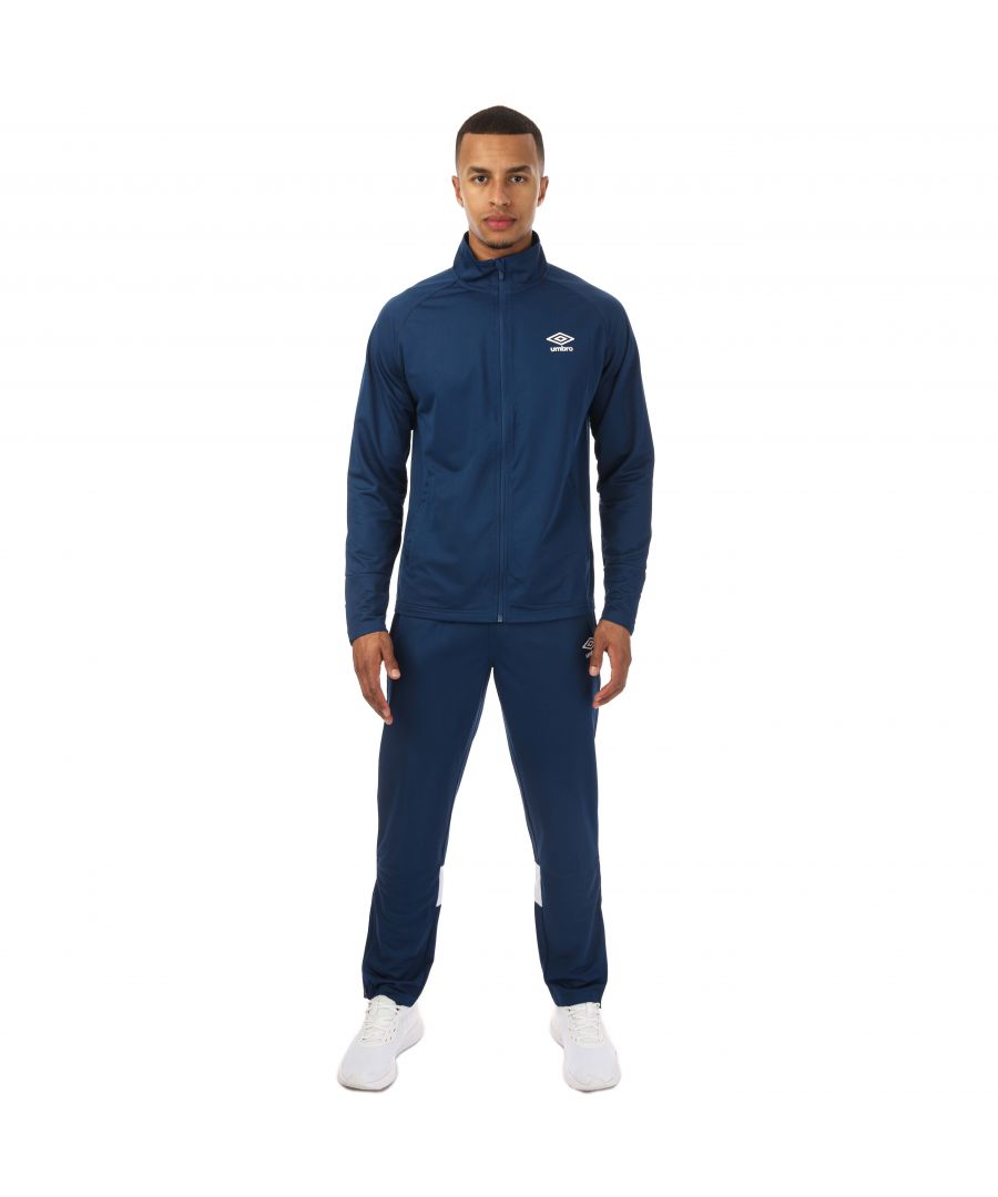 Mens Umbro Total Training Knitted Suit in navy.- Jackets:- Rib collar.- Reverse coil full zip.- Contrast insert at sleeve.- High-build transfer Performance logo to chest.- Branded auto-lock zip pull Performance raglan fit.- 100% Polyester.- Pants: - Elasticated waistband with inner drawcord.- Zip pockets.- Contrast insert panel at calf Zip at leg hem.- High-build transfer Performance logo to leg.- Tapered fit.- 100% Polyester.- Ref: UMJM0653090NAV