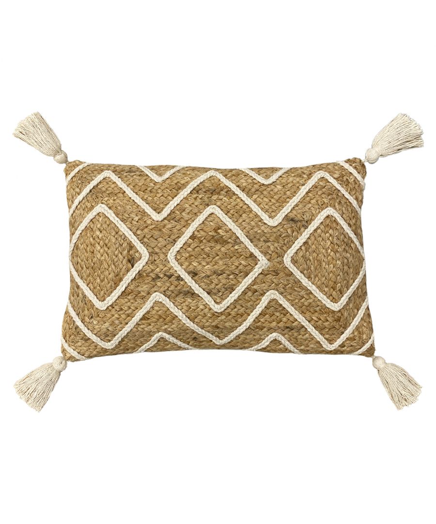A natural jute cushion featuring contrasting braid details and tassels. Complete with standard knife edging and hidden zip closure. Made of 85% Jute/15% Cotton, making this cushion super comfy and durable.