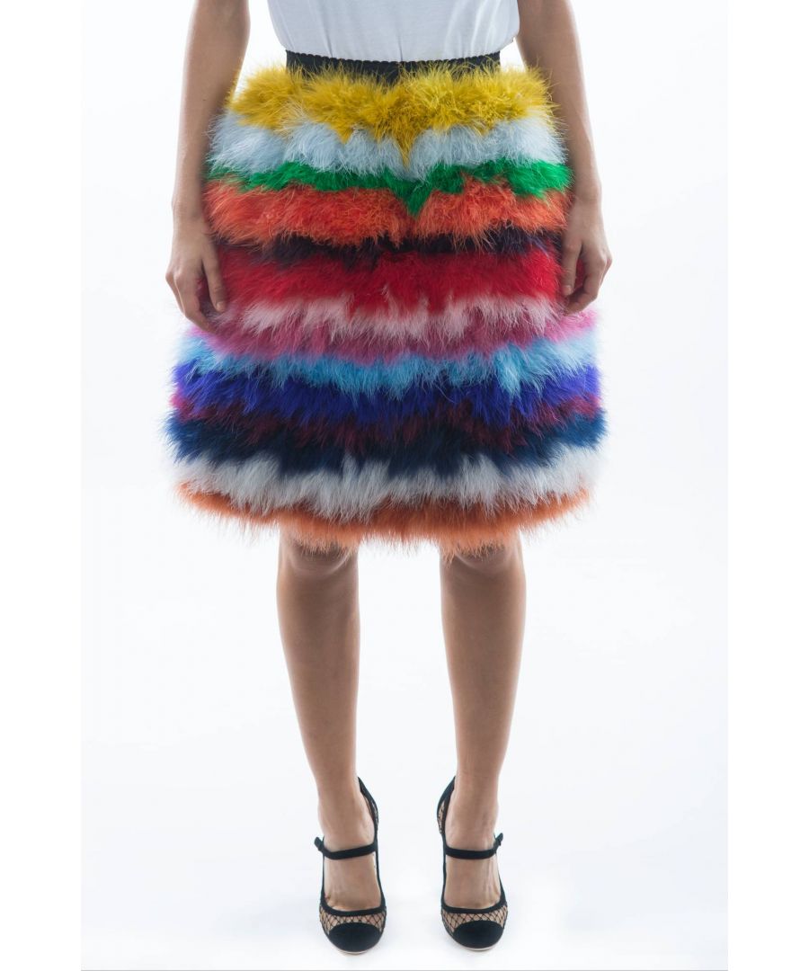 DOLCE & ; GABBANA Superbe jupe neuve avec étiquette, 100% authentique Dolce & ; Gabbana Modèle : Au dessus du genou, taille haute Couleur : Plume multicolore Fermeture à glissière Détails du logo Fabriqué en Italie Matériau : 70% Plume de dinde 15% Viscose 14% Acétate 1% Elasthanne Doublure : 94% Soie 6% Elasthanne