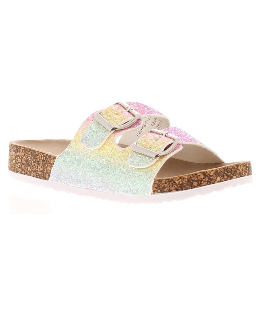 Miss Riot Belle Older Girls Mule Sandals Iridescent White Glitter. Manmade Upper. Manmade Lining. Synthetic Sole. Girl Older Teen Birk Fashion Sandal Buckle Chunky Glitter Holiday Fashionable.