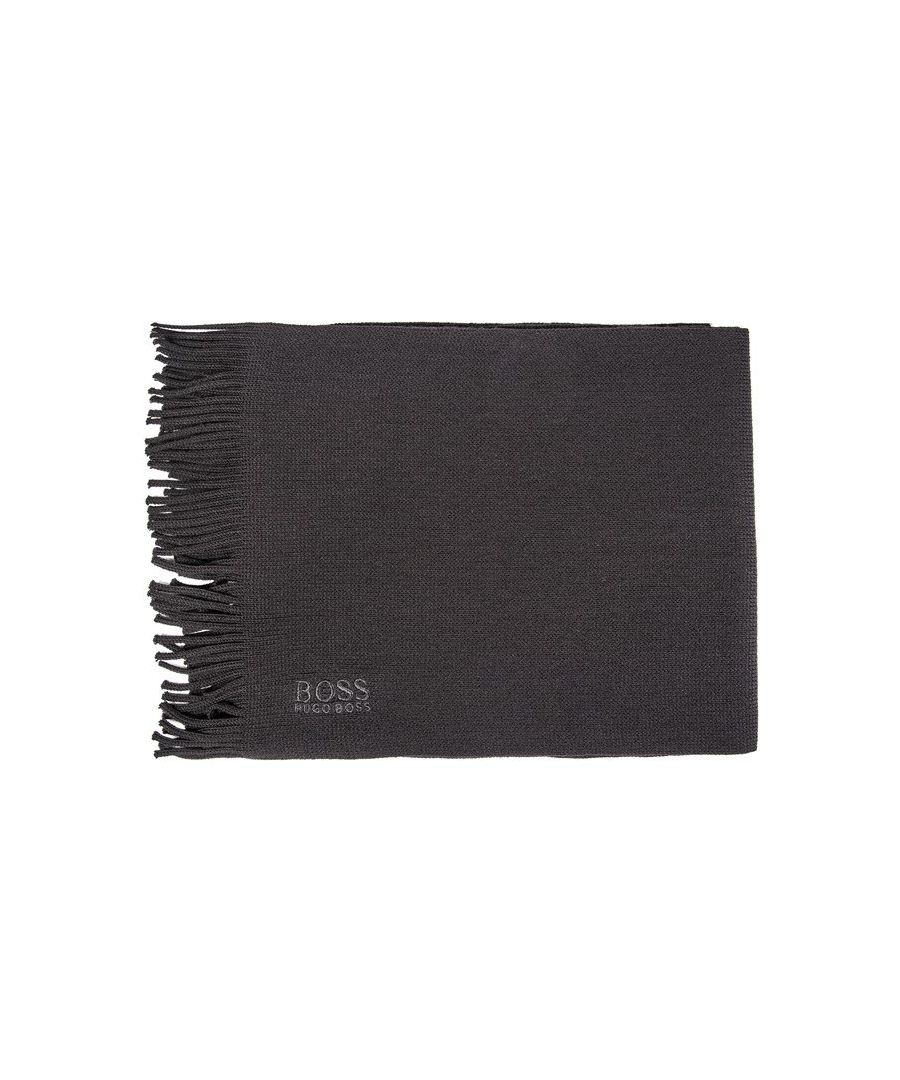 Mens black Boss albas scarf, manufactured with wool. Featuring: boss branding, end tassles, lenght 180cm and width 25cm.