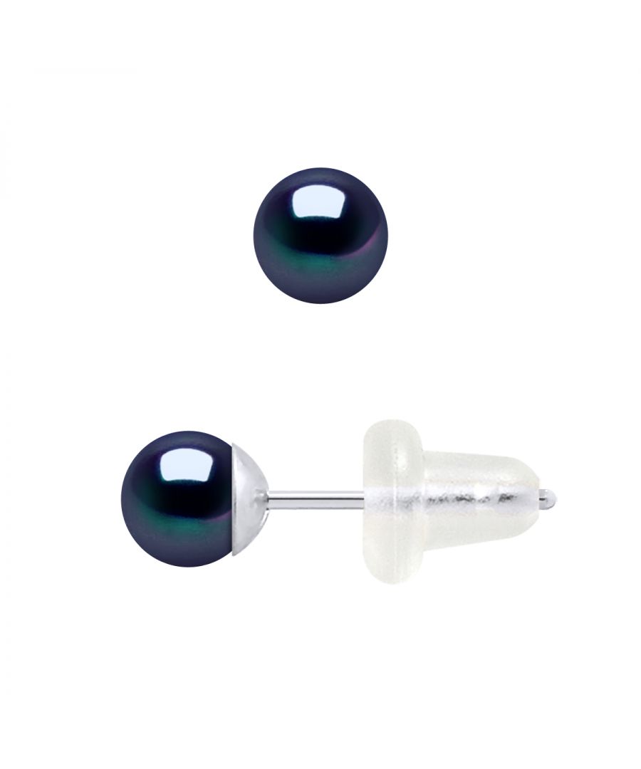 Earrings of White Gold 375 and true Cultured Freshwater Pearls Button 4-5 mm - Black Color Tahitian Style Push System silicon - Our jewellery is made in France and will be delivered in a gift box accompanied by a Certificate of Authenticity and International Warranty